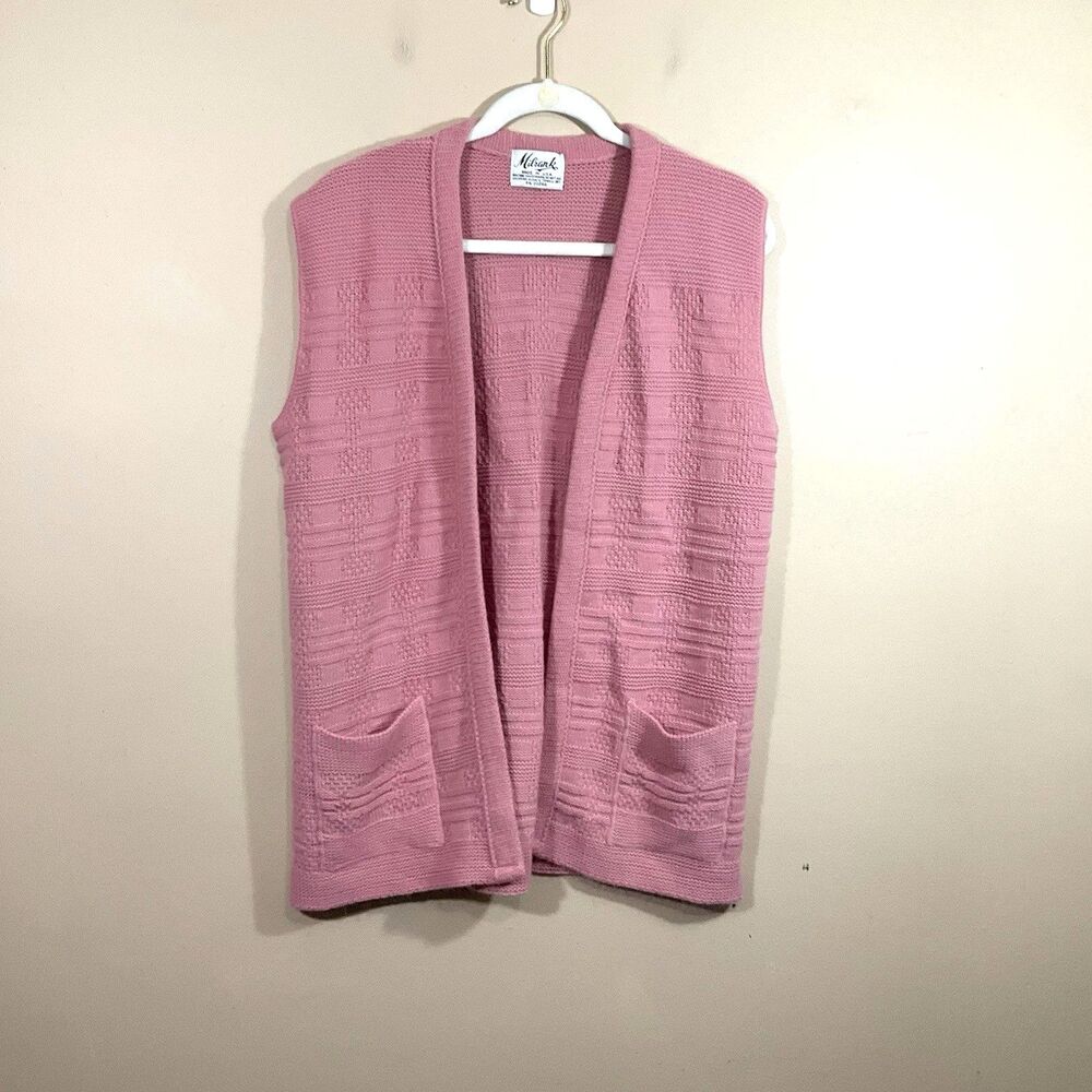 VTG Milrank Womens Open Front Sleeveless Cardigan L Pink Granny Lagenlook 70s